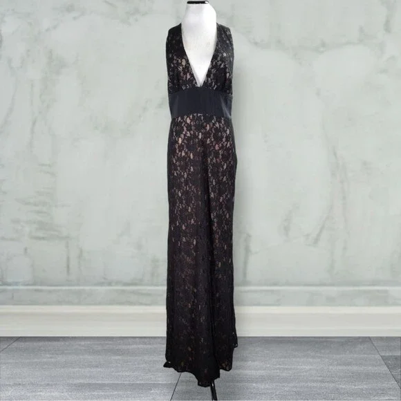BCBGMaxazria Serafina Lace Overlay Formal Dress Size 12 Black Front Split Plunge Maxi